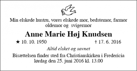 Dødsannoncen for Anne Marie Høj Knudsen - Fredericia
