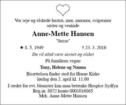 Dødsannoncen for Anne-Mette Hansen - Faaborg