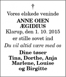 Dødsannoncen for Anne Oien Ægidius - Klarup