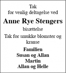 Dødsannoncen for Anne Rye Stenger - Skærbæk