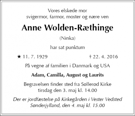 Dødsannoncen for Anne Wolden-Ræthinge - Skodsborg