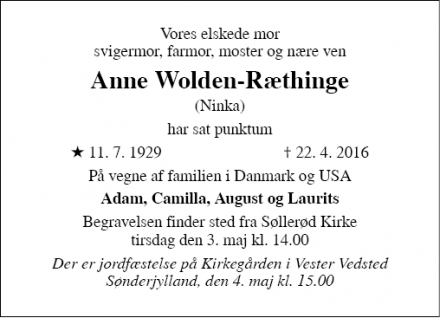 Dødsannoncen for Anne Wolden-Ræthinge - Skodsborg