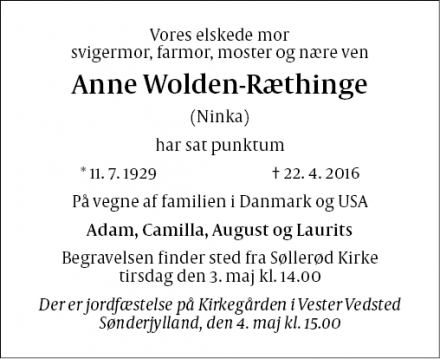 Dødsannoncen for Anne Wolden-Ræthinge - Skodsborg