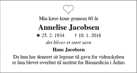 Dødsannoncen for Annelise Jacobsen - Låsby