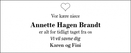 Dødsannoncen for Annette Hagen Brandt - Herning