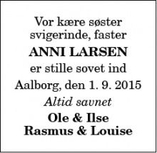 Dødsannoncen for Anni Larsen - Aalborg