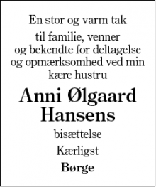 Dødsannoncen for Anni Ølgaard Hansen - Herning