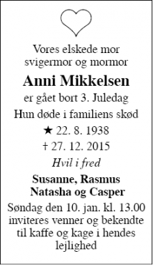 Dødsannoncen for Anni Mikkelsen - Ordrup