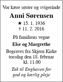 Dødsannoncen for Anni Sørensen - Skjern