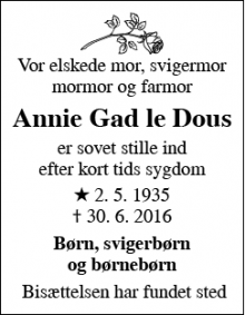 Dødsannoncen for Annie Gad le Dous - Helsingør