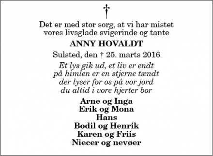 Dødsannoncen for ANNY HOVALDT - Sulsted