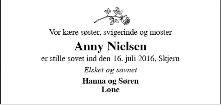 Dødsannoncen for Anny Nielsen - Skjern