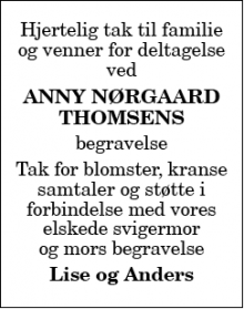Dødsannoncen for Anny Nørgaard Thomsen - Aalborg