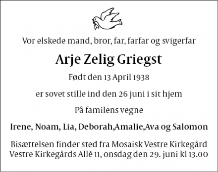 Dødsannoncen for Arje Zelig Griegst - København