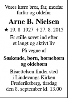 Dødsannoncen for Arne B. Nielsen - Frederiksberg