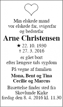 Dødsannoncen for Arne Christensen - Skovlunde