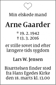 Dødsannoncen for Arne Gaarder - København
