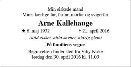 Dødsannoncen for Arne Kallehauge - Stavtrup