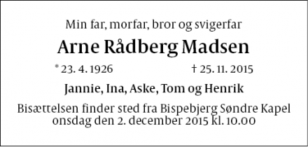 Dødsannoncen for Arne Rådberg Madsen - København