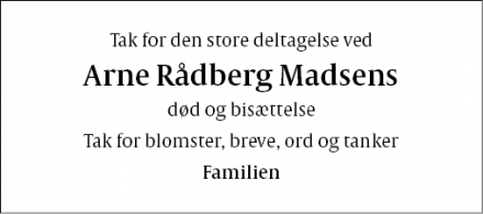 Dødsannoncen for Arne Rådberg Madsen - København