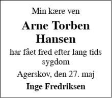 Dødsannoncen for Arne Torben Hansen - Toftlund