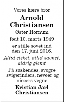 Dødsannoncen for Arnold Christiansen - Øster Hornum