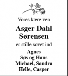 Dødsannoncen for Asger Dahl Sørensen - 6740 Bramming