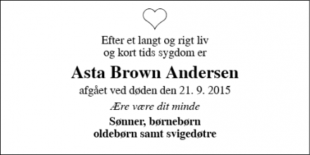 Dødsannoncen for Asta Brown Andersen - Søborg