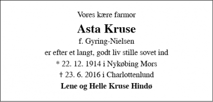 Dødsannoncen for Asta Kruse - Charlottenlund