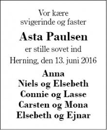 Dødsannoncen for Asta Paulsen - Herning