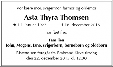 Dødsannoncen for Asta Thyra Thomsen - Brabrand