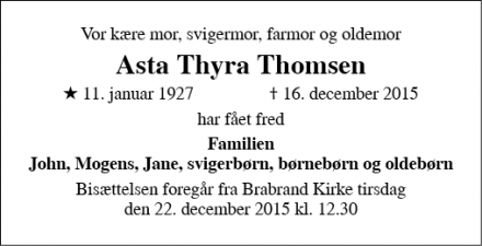 Dødsannoncen for Asta Thyra Thomsen - Brabrand