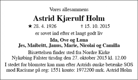 Dødsannoncen for Astrid Kjærulf Holm - Nykøbing F