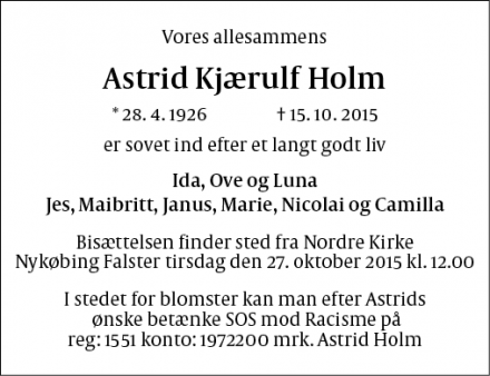 Dødsannoncen for Astrid Kjærulf Holm - Nykøbing F