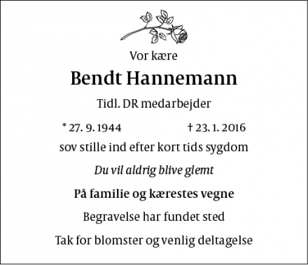 Dødsannoncen for Bendt Hannemann - Lyngby