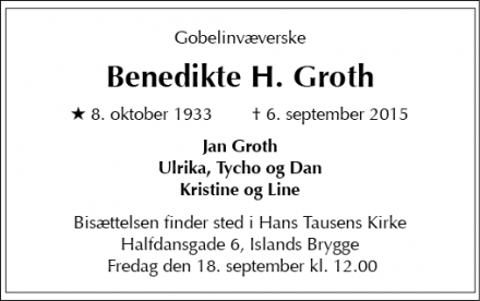 Dødsannoncen for Benedikte H. Groth - Gentofte 