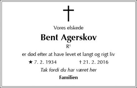 Dødsannoncen for Bent Agerskov - Værløse