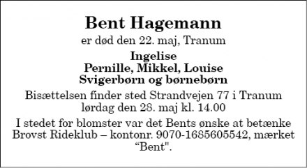 Dødsannoncen for Bent Hagemann - Intet symbol - Tranum