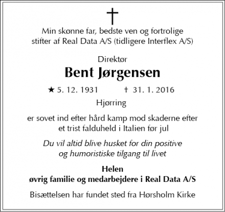 Dødsannoncen for Bent Jørgensen - Frederiksberg
