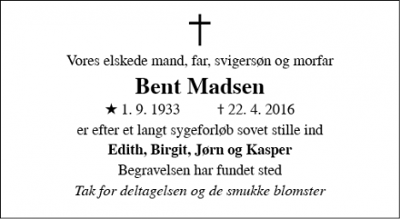 Dødsannoncen for Bent Madsen - Vallensbæk