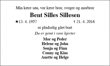 Dødsannoncen for Bent Silles Sillesen - Janderup