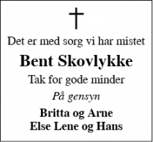 Dødsannoncen for Bent Skovlykke - Skjern