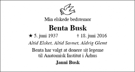Dødsannoncen for Benta Busk - Brejning 