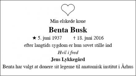 Dødsannoncen for Benta Busk - Brejning