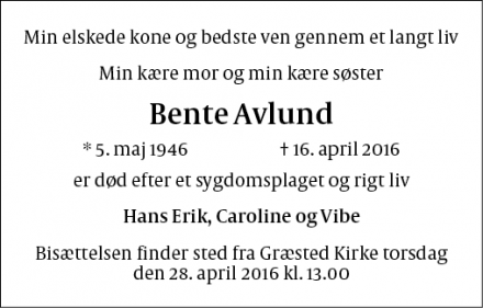 Dødsannoncen for Bente Avlund - Græsted
