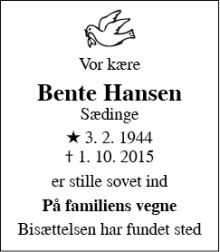 Dødsannoncen for Bente Hansen - Rødbyhavn.