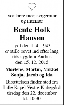 Dødsannoncen for Bente Holk Hansen - Aarhus