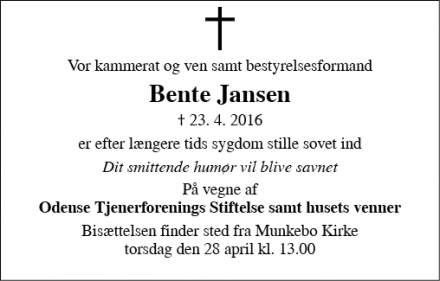 Dødsannoncen for Bente Jansen - Odense