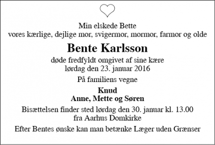 Dødsannoncen for Bente Karlsson - Gilleleje