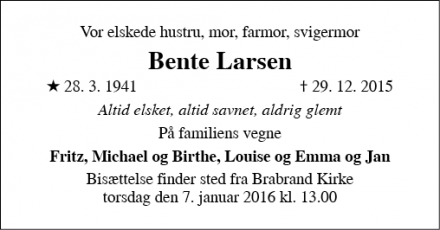 Dødsannoncen for Bente Larsen - Brabrand